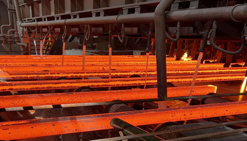 Hot long products on a roller conveyor