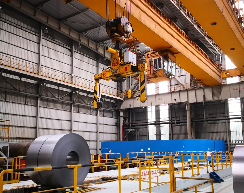 Overhead crane handling a coil