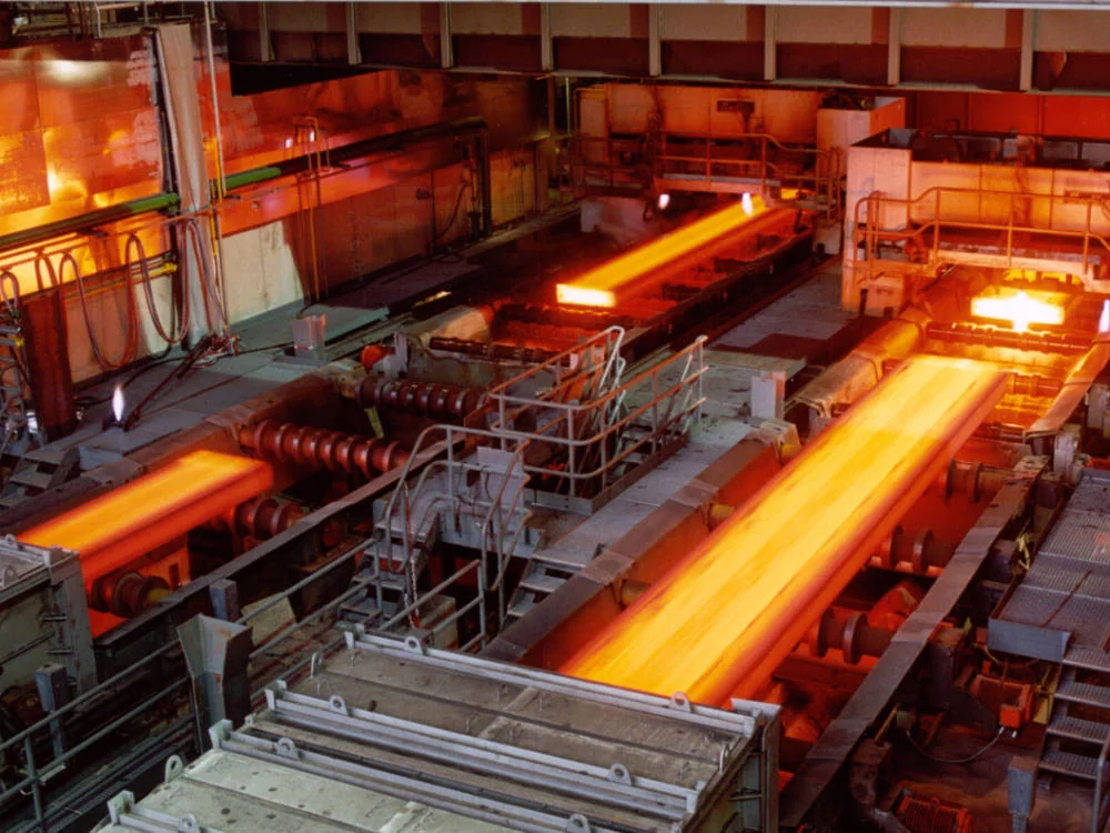 Hot slabs on a production line