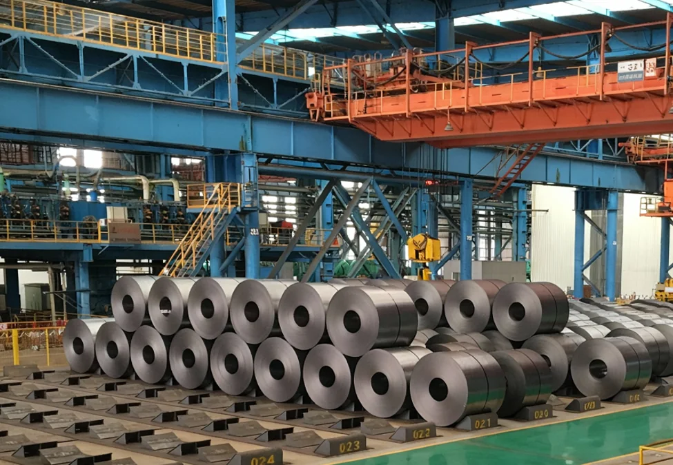 Overhead crane above a coil storage area
